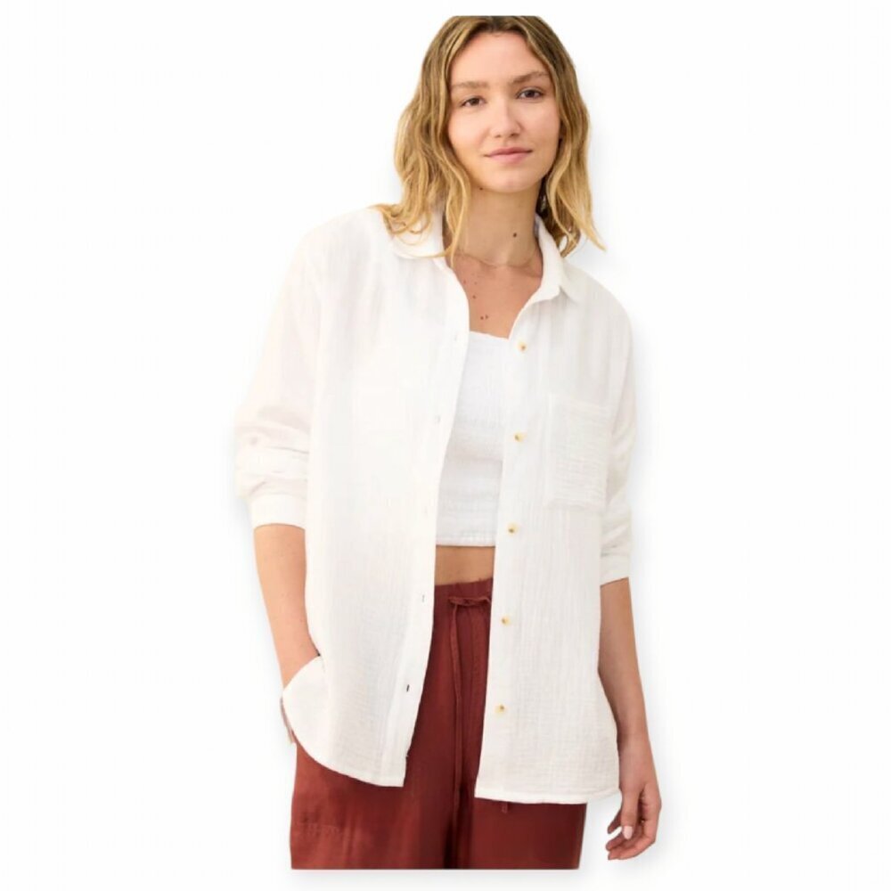 Marine Layer Gauzy Cotton Button Up Shirt Cream Lightweight Breathable Size S